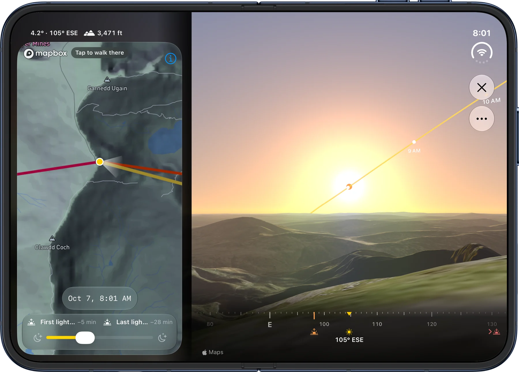 Vantage Point on iPhone Duo in landscape, with the map beside the view
